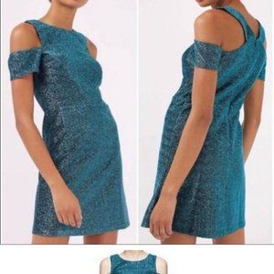 Topshop Cold Shoulder Glitter Sparkly Teal Stretch Mini Dress - size 6
